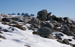 Blocs sur le plateau du Coscione, avec les aiguilles de Bavella au fond.